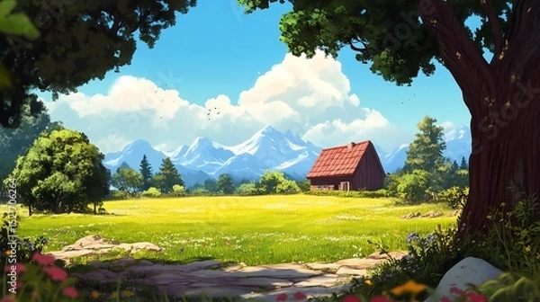 Fototapeta Idyllic countryside landscape with a house, meadow, and mountains in the background.