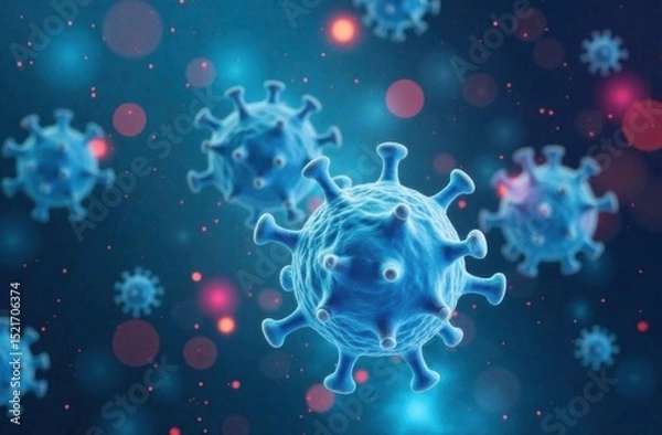 Fototapeta Blue virus cells floating in a dark background filled with colorful bokeh lights, representing microscopic view of pathogens and their impact on health and society