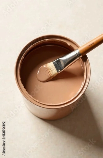Fototapeta Paint can filled with rich brown color, featuring a clean brush resting on the rim, showcasing the texture and sheen of the paint for artistic and home improvement projects