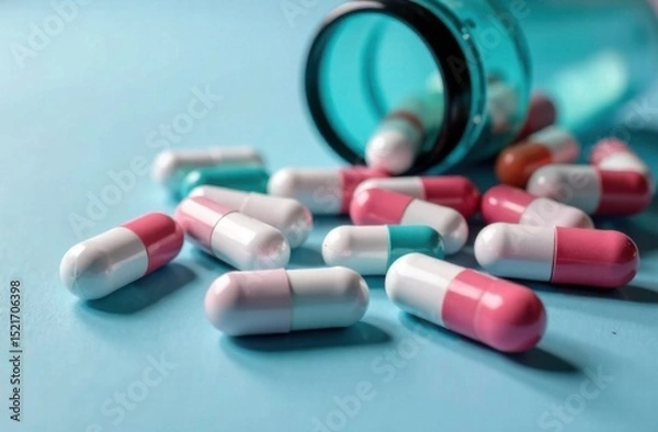 Fototapeta Colorful capsules spilled from a transparent bottle on a blue surface, showcasing various shapes and sizes, representing medication and health care concepts in a vibrant setting