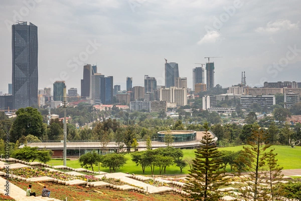 Fototapeta Rapid development of central business district with modern skyscrapers of downtown of Addis Ababa and green park in the foreground, Ethiopia