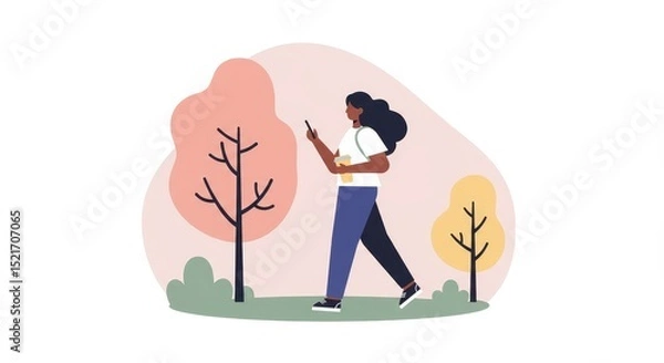 Fototapeta Mixed-race woman walking in a park while using a smartphone  