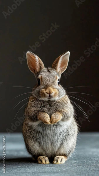 Fototapeta Cute rabbit standing upright with expressive whiskers and fluffy fur in a soft-lit indoor setting