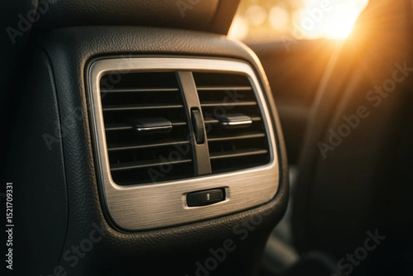 Obraz Close up of modern car air conditioning vent with sunlight shining through vehicle interior in warm golden hour