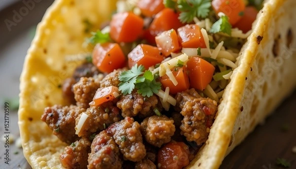 Fototapeta Close-up of a Soft Taco with Cilantro, Salsa Cheese, and Seasoned Meat