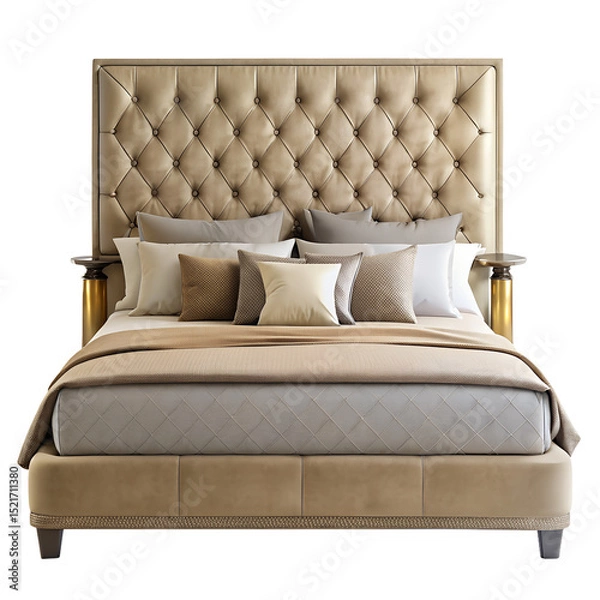 Fototapeta Double Bed with Upholstered Headboard and Pillows on Transparent Background