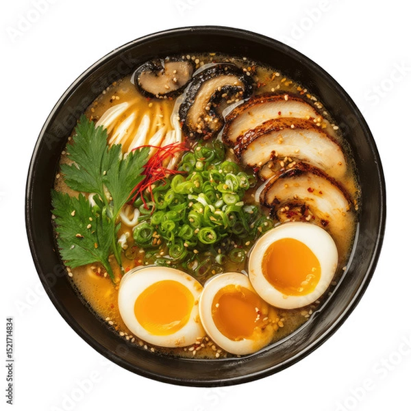 Obraz Hearty bowl of flavorful ramen.  A rich broth, topped with sliced mushrooms, savory pork, and soft-boiled eggs.  Fresh herbs and scallions garnish the dish,  and noodles are perfectly cooked