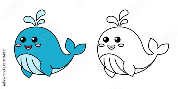 Fototapeta Cute cartoon whale releases a fountain of water. Black and white vector illustration for kids coloring book with example in color