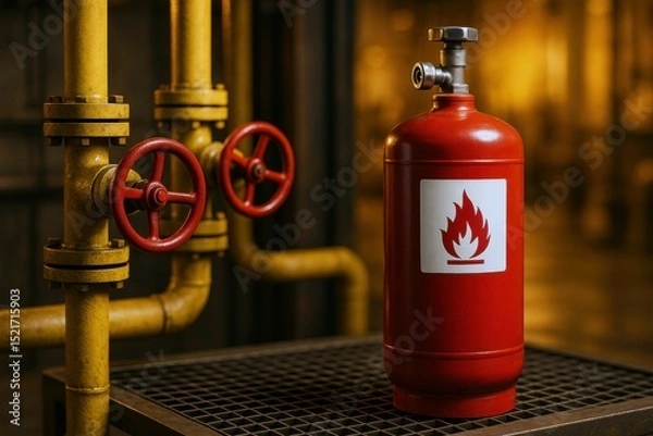 Obraz Red industrial gas cylinder with flammable warning sign in factory setting, next to yellow metal pipes and red valve wheels