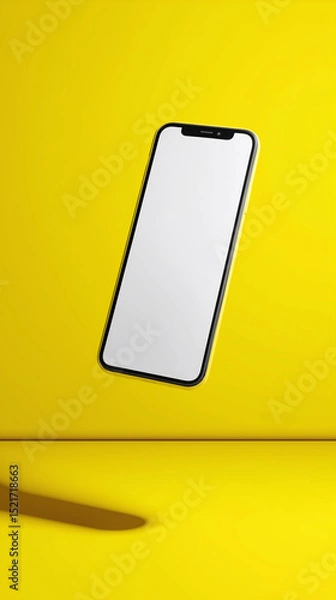 Fototapeta An artistic, eye-catching and aesthetically-pleasing photo of a floating cell phone with a bright blank screen, captured with a minimalist design on a bold yellow background.