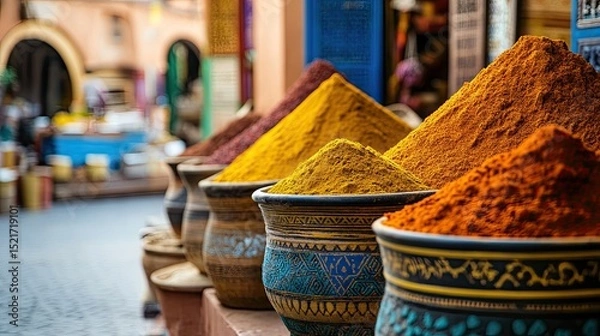 Fototapeta Exotic and Colorful Spices Arranged in a Bustling Moroccan Market for Culinary Inspiration 