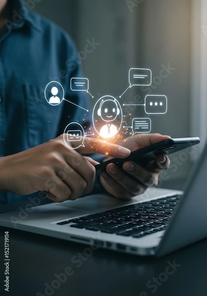 Fototapeta Person interacting with customer service representative concept using phone and laptop technology