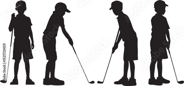 Fototapeta A bundle of four unique boy golfer silhouettes in various poses – standing, swinging, putting. Ideal for SVG packs, youth golf merch, and educational tools.
