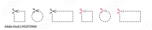 Fototapeta Cut scissors icon. Cut paper icons in vector design style. Coupon graphic sign. Dotted line