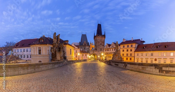 Fototapeta Charles Bridge with towers and sculptures at dawn in Prague, Czech Republic