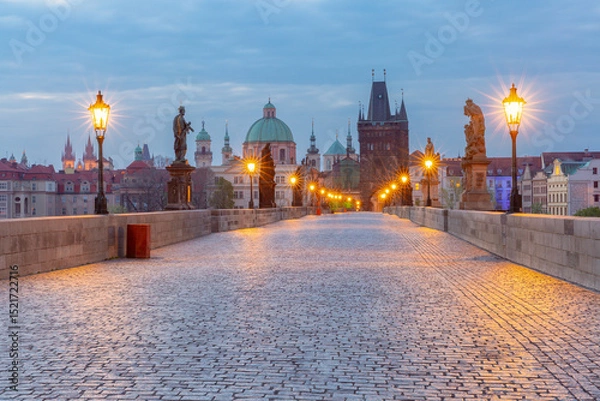 Fototapeta Charles Bridge with towers and sculptures at dawn in Prague, Czech Republic