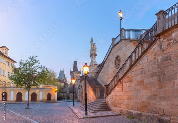 Fototapeta Charles Bridge with towers and sculptures at dawn in Prague, Czech Republic