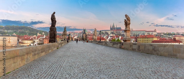 Fototapeta Charles Bridge with towers and sculptures at dawn in Prague, Czech Republic