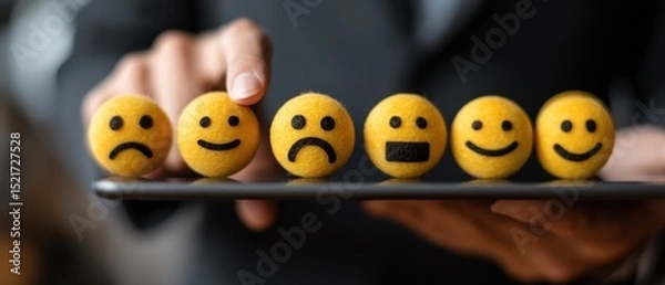 Obraz emotional regulation Colorful emoticons representing various emotions displayed on a tablet by a person in a suit.