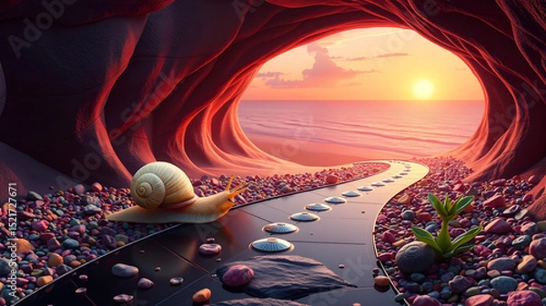 Fototapeta A whimsical snail journeying on a path towards a sunset over the serene ocean view