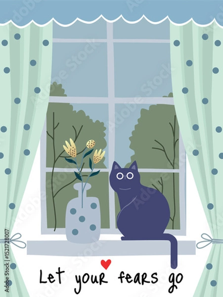 Fototapeta Illustration of a calm cat sitting on a windowsill beside a vase with flowers, framed by polka-dot curtains. The phrase "Let your fears go" adds a comforting, motivational touch.