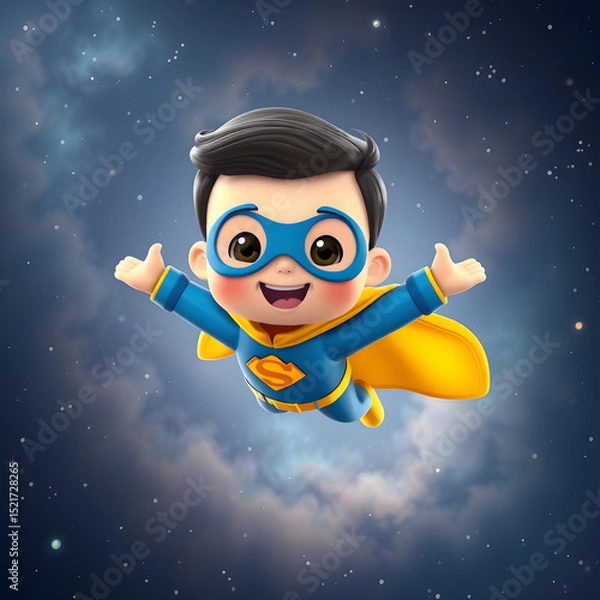 Fototapeta Adorable cartoon boy dressed as a superhero soaring through the night sky with joy