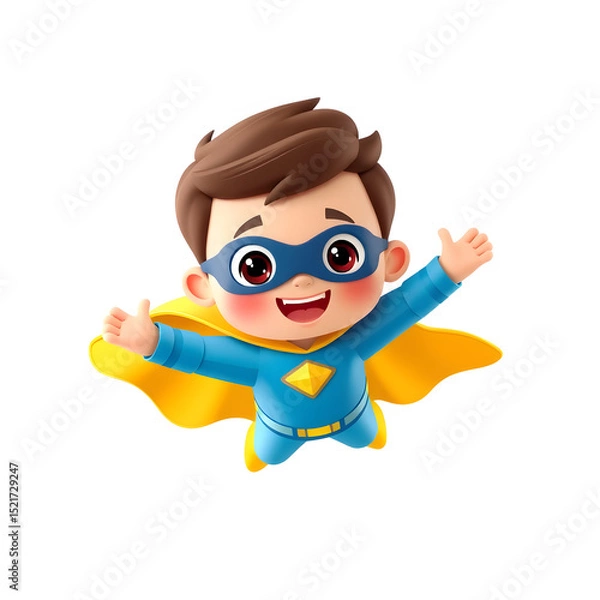 Fototapeta Cheerful cartoon boy in superhero costume with open arms against a white background