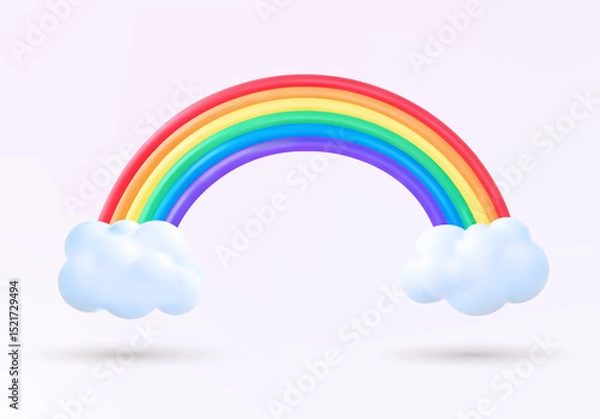 Fototapeta 3D realistic rainbow with clouds on white background. Vector plasticine or clay design element. Cartoon colorful realistic weather icon. Summer symbol. Sticker, patch badge. Design for decoration.