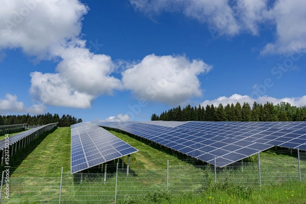 Fototapeta Großflächig aufgestellte Photovoltaik-Module in grüner Wiesenlandschaft bei strahlendem Sonnenschein.