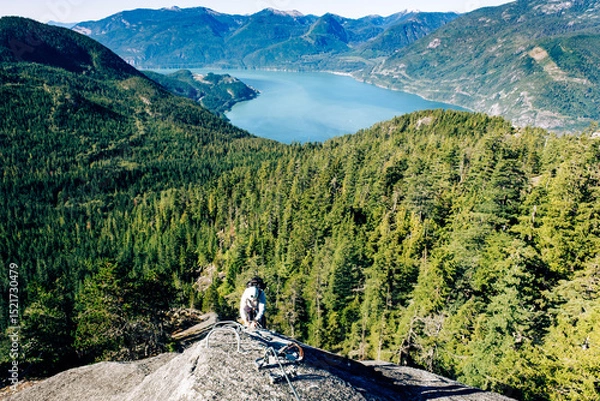 Fototapeta Climber on a cliff, Via Ferrata, Sea to Sky , Squamish, British Columbia, Canada