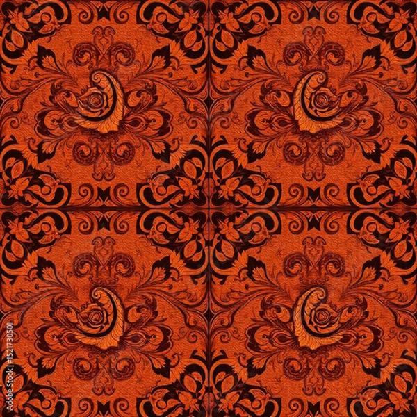 Fototapeta Ornate floral pattern in shades of orange and black featuring repeating rose and leaf motifs in a tile grid created with generated ai