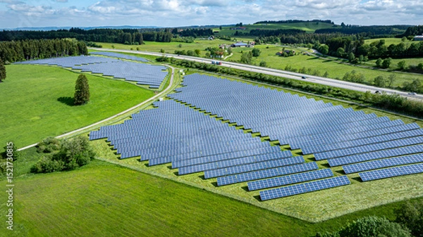Fototapeta Große Freiflächen-PV Anlage entlang einer Autobahn, Luftbild