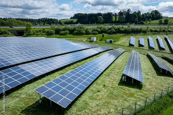 Fototapeta Große Freiflächen-PV Anlage entlang einer Autobahn im Sonnenschein, Luftbild.