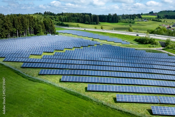 Fototapeta Große Freiflächen-PV Anlage entlang einer Autobahn, Luftbild