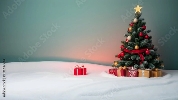 Fototapeta Festive decorated christmas tree surrounded by presents and snow in a winter wonderland scene