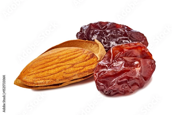 Obraz A Selection of Dried Fruits and Almonds Artistically Arranged on a White Background