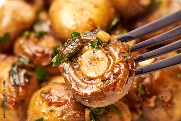 Obraz Delectable Garlic Butter Mushrooms Beautifully Presented on a Fork for a Tasty Meal
