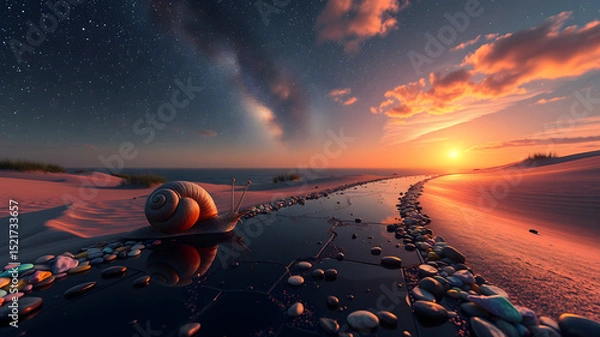 Fototapeta Majestic sunset scene with a snail on a pathway reflected in water and sand dunes