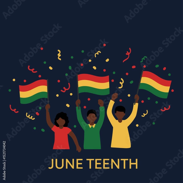 Fototapeta Juneteenth celebration with three people holding Bolivian flags. Juneteenth design shows happy diverse group waving flags. Perfect Juneteenth graphic for social media post, greeting card, or banner.