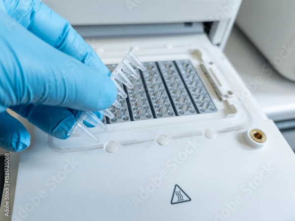Fototapeta Hand with blue nitril glove holding a PCR strip with samples and PCR mix, putting a filled strip in a PCR machine. DNA analysis, biotechnology. High tech laboratory equipment. Warning sigh for heat.