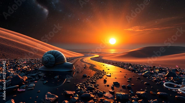 Fototapeta Surreal landscape depicting a snail traversing a path towards the sunset at dusk