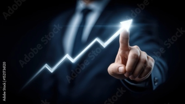 Fototapeta Businessman hand pointing at glowing data visualization