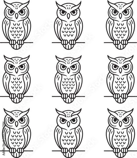 Fototapeta Simple and elegant illustration of nine black and white owls perched on branches in a grid arrangement