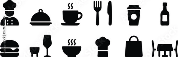 Obraz Food and beverage restaurant icon set in black silhouette style including utensils, drinks, meals, and chef elements