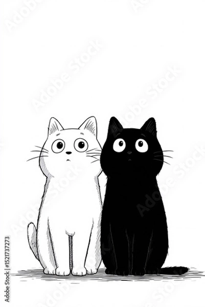 Fototapeta Simple black and white cat illustration showing two felines sitting together in minimalist line art style