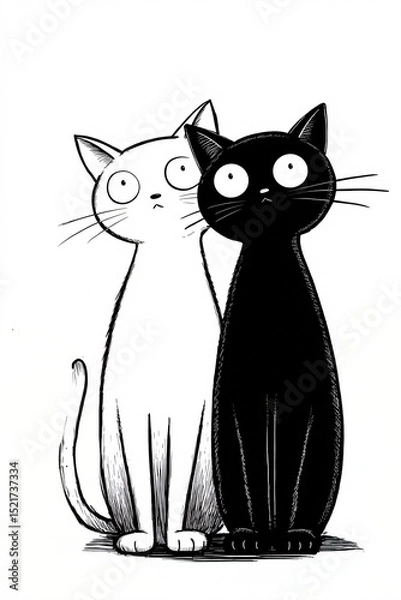 Fototapeta Simple black and white cat illustration showing two felines sitting together in minimalist line art style