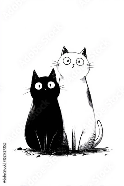 Fototapeta Simple black and white cat illustration showing two felines sitting together in minimalist line art style