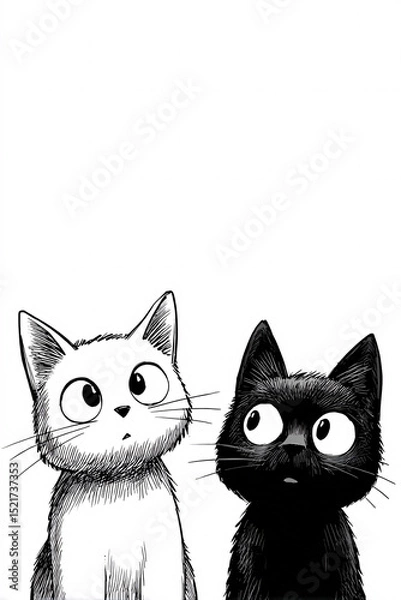 Fototapeta Simple black and white cat illustration showing two felines sitting together in minimalist line art style
