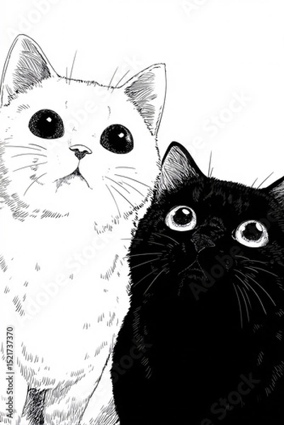 Fototapeta Simple black and white cat illustration showing two felines sitting together in minimalist line art style