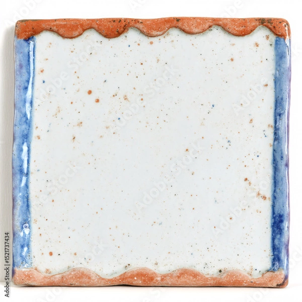 Fototapeta Handmade ceramic tile frame with decorative painted border in blue and white watercolor style. Artisan pottery square with ornate edge design creates rustic Mediterranean inspired accent piece